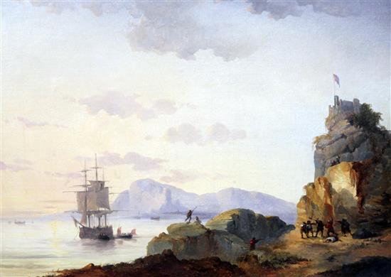 Attributed to Theodore Gudin (1802-1880) Coastal skirmish with Man o War off the coast, 14 x 20in.